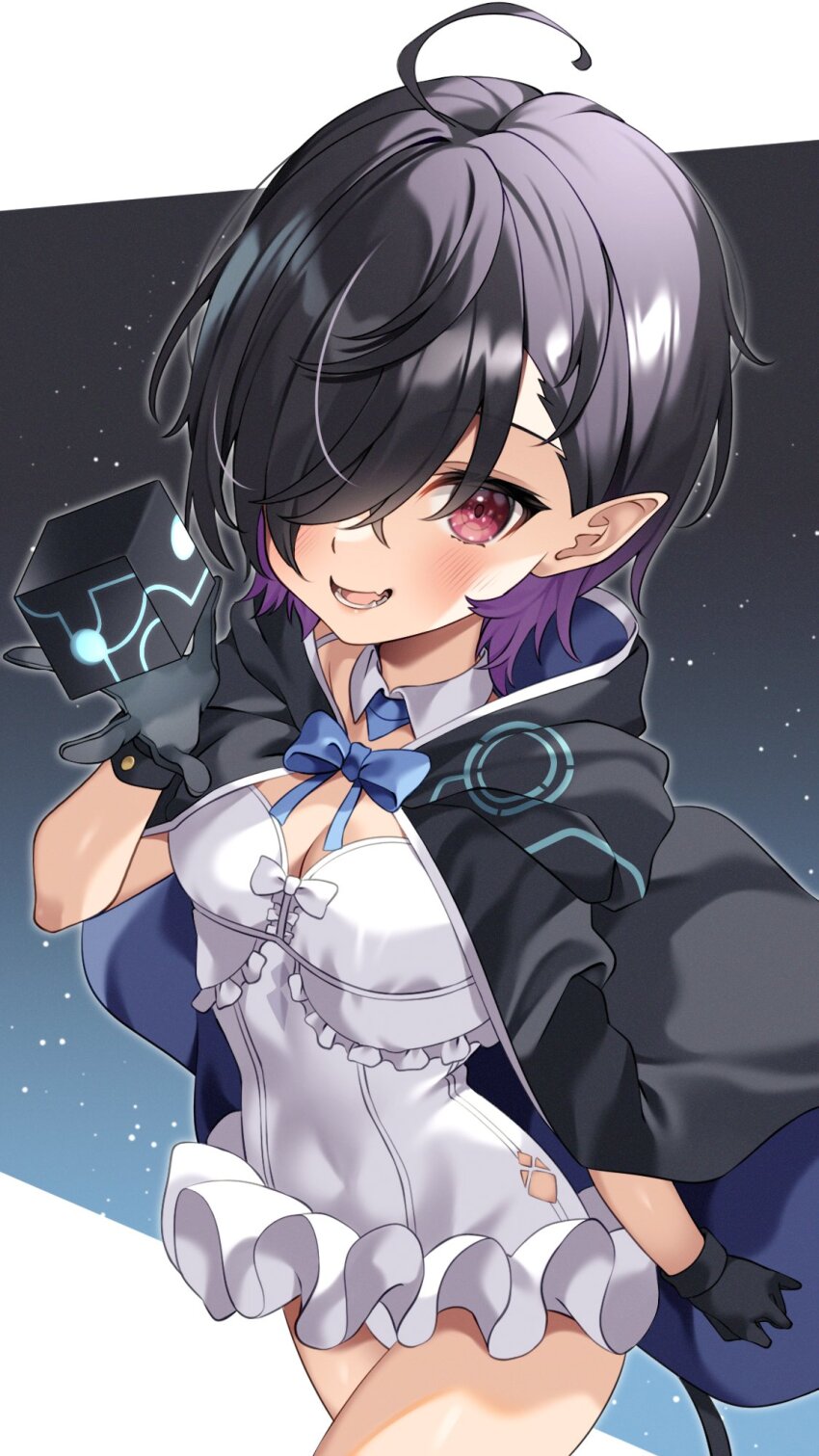 1girl, @shun, ahoge, black_cloak, black_gloves, black_hair, blue_bow, blue_bowtie, blue_cloak, blush, bow, bowtie, breasts, cleavage, cloak, commentary_request, commission, cube, dantalian_(ac8231), detached_collar, dress, gloves, gradient_hair, hair_over_one_eye, hand_up, highres, hood, hooded_cloak, looking_at_viewer, medium_breasts, multicolored_hair, open_mouth, original, pointy_ears, purple_hair, red_eyes, second-party_source, short_hair, skeb_commission, solo, thighs, two-sided_cloak, two-sided_fabric, two-tone_cloak, white_dress