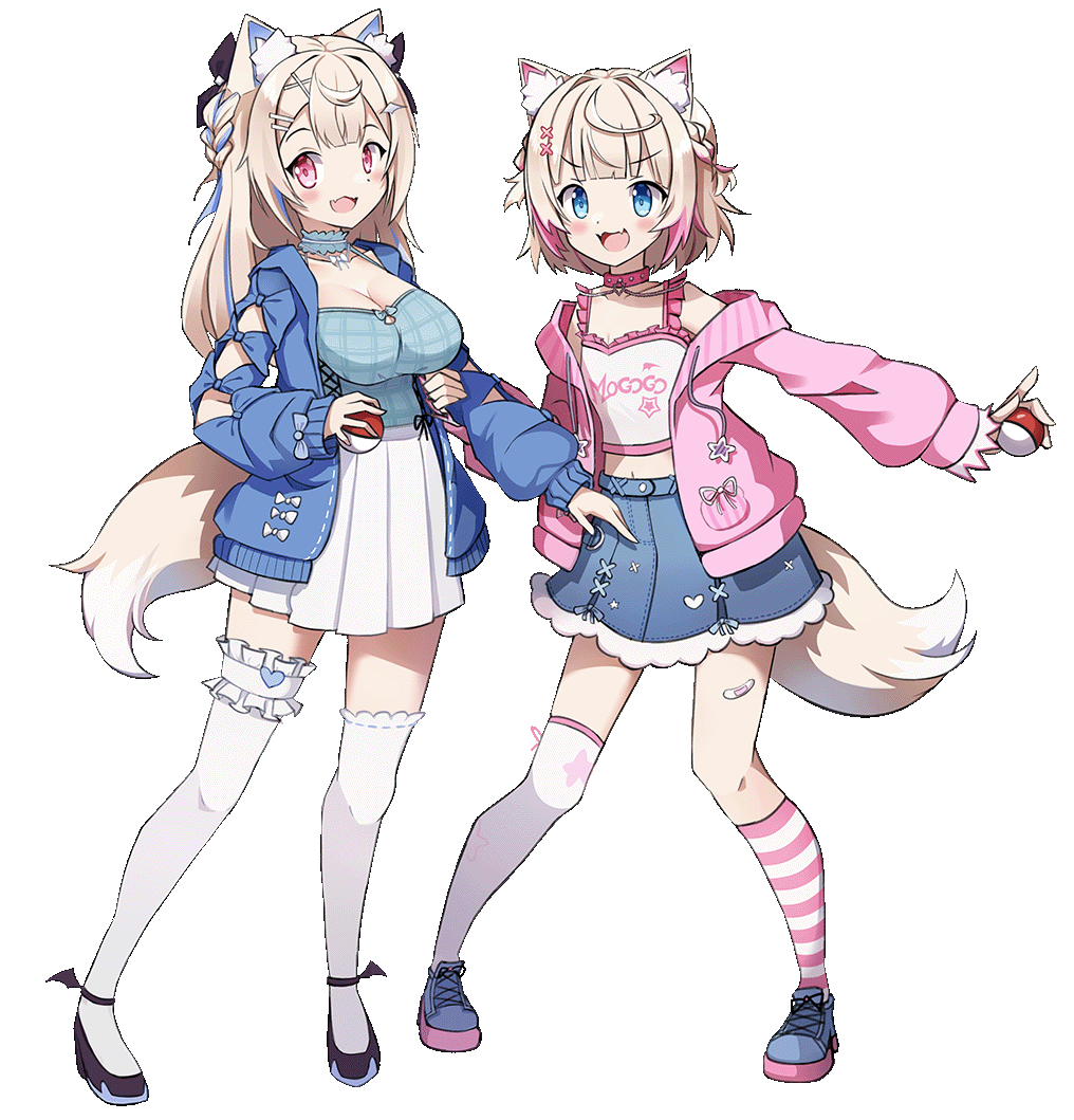 2girls, animal_ear_fluff, animal_ears, asymmetrical_legwear, blonde_hair, blue_eyes, blue_hair, blue_jacket