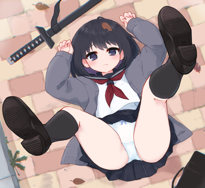 1girl, @_@, accidental_pervert, ass, bag, black_hair, black_sailor_collar, black_shoes