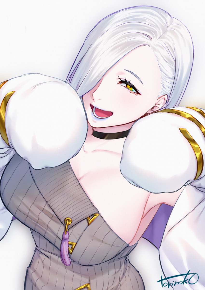 1girl, bare_shoulders, blue_lips, blush, breasts, choker, cleavage, collarbone