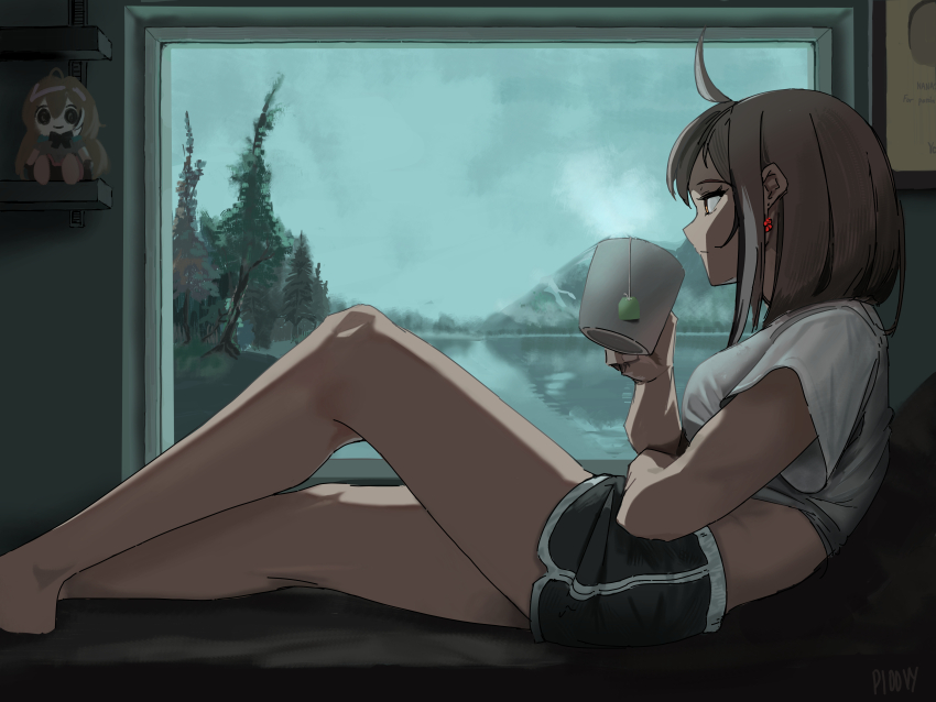 1girl, absurdres, ahoge, black_hair, black_shorts, breasts, brown_hair, censored, character_doll, closed_mouth, clothes_lift, cloud, cloudy_sky, commentary, cup, doll, earrings, english_commentary, expressionless, hand_up, highres, hololive, hololive_english, jewelry, lake, medium_breasts, medium_hair, mosaic_censoring, mug, multicolored_hair, nanashi_mumei, ploovy, reclining, shelf, shirt, shirt_lift, short_shorts, short_sleeves, shorts, sitting, sky, solo, steam, streaked_hair, virtual_youtuber, white_hair, white_shirt, window
