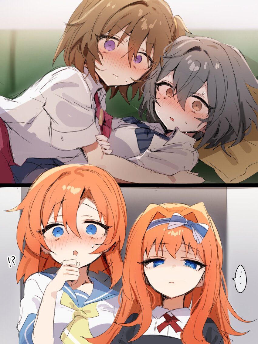 !?, ..., 4girls, akasaka_miyuki, black_shirt, blue_bow, blue_bowtie, blue_eyes, blush, bow, bow_hairband, bowtie, brown_eyes, brown_hair, caught, couch, disgust, full-face_blush, grey_hair, hair_intakes, hairband, hand_on_own_chin, highres, higurashi_no_naku_koro_ni, higurashi_no_naku_koro_ni_mei, houtani_nao, imooishiizo, kimiyoshi_kazuho, long_hair, multiple_girls, on_couch, orange_hair, purple_eyes, red_bow, red_bowtie, ryuuguu_rena, saliva, saliva_trail, school_uniform, shirt, short_hair, side_ponytail, st._lucia_academy_school_uniform, surprised, sweat, white_shirt, yellow_bow, yellow_bowtie, yuri