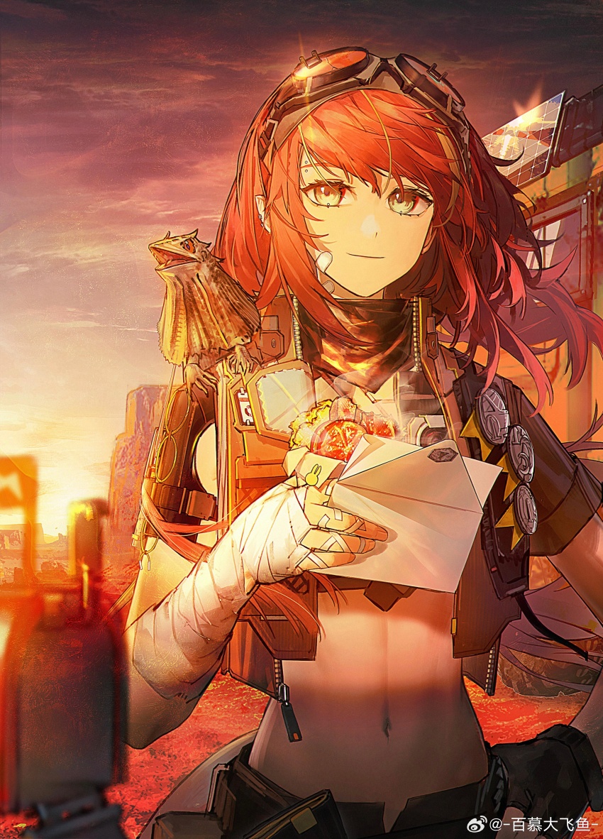 1girl, absurdres, alanna_(arknights), animal, animal_on_shoulder, arknights, baimudafeiyu, bandaged_arm