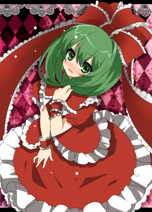 1girl, bad_id, bad_pixiv_id, bow, colorized, dress, female_focus, frills