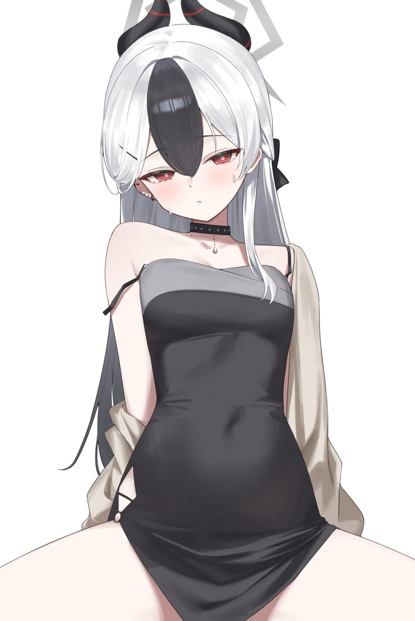 1girl, arms_behind_back, black_choker, black_dress, black_hair, blue_archive, blush, breasts, brown_cardigan, cardigan, choker, closed_mouth, commentary_request, covered_navel, demon_girl, demon_horns, double_off_shoulder, dress, grey_halo, hair_between_eyes, halo, highres, horns, kayoko_(blue_archive), kayoko_(dress)_(blue_archive), long_hair, looking_at_viewer, n4_h4m, official_alternate_costume, official_alternate_hairstyle, red_eyes, single_bare_shoulder, small_breasts, solo, spread_legs, strap_slip, studded_choker, thighs, white_background, white_hair