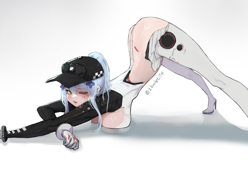 1girl, absurdres, baseball_cap, black_hat, blue_hair, bodysuit, breasts, commentary, english_commentary, facial_mark, girls'_frontline, girls'_frontline_2:_exilium, green_eyes, hat, high_heels, highres, hk416_(girls'_frontline), i_bucket, jack-o'_challenge, klukai_(girls'_frontline_2), klukai_(speed_star)_(girls'_frontline_2), long_hair, looking_at_viewer, multicolored_bodysuit, official_alternate_costume, one_eye_closed, open_mouth, simple_background, solo, tattoo, teardrop_facial_mark, teardrop_tattoo, top-down_bottom-up, two-tone_bodysuit, white_background