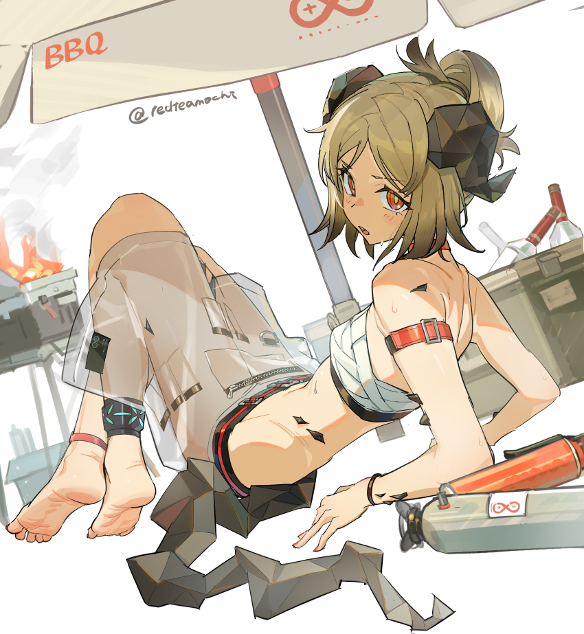 1girl, absurdres, arknights, arm_strap, arm_support, blush, bottle, breasts, brown_hair, chest_sarashi, feet, gradient_hair, grill, groin, highres, hongchamashu, horns, ifrit_(arknights), ifrit_(sunburn)_(arknights), infection_monitor_(arknights), looking_at_viewer, material_growth, multicolored_hair, open_mouth, orange_eyes, oripathy_lesion_(arknights), rhine_lab_logo, sarashi, see-through_clothes, see-through_skirt, short_hair, skirt, small_breasts, solo, sweat, tail, updo