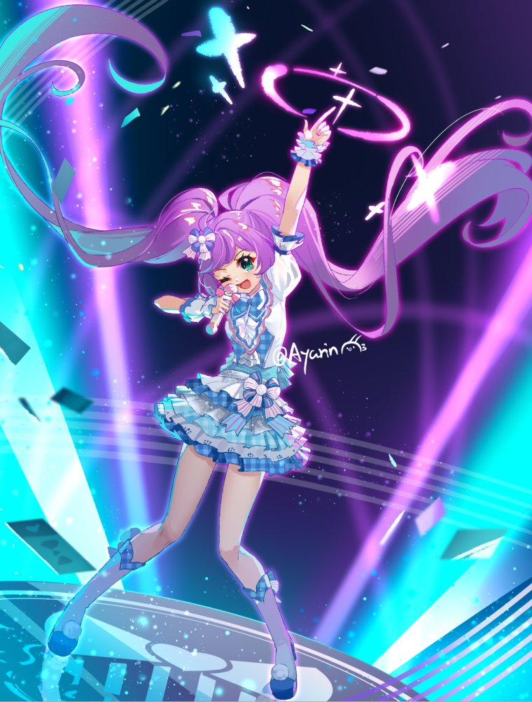 1girl, ;d, arm_up, ayako_(xiaqiu), blue_bow, blue_skirt, boots, bow