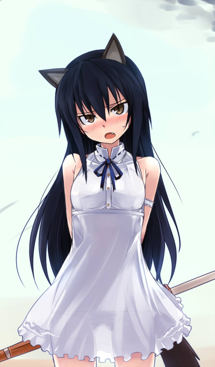 1girl, :o, animal_ears, arms_behind_back, bare_shoulders, black_hair, blush, cat_ears