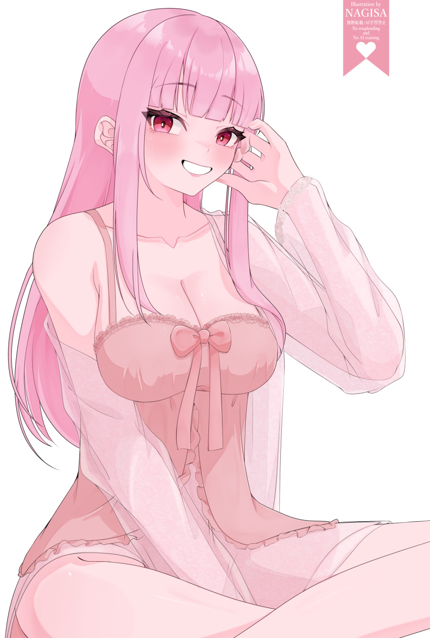 1girl, absurdres, adjusting_hair, arm_up, artist_name, babydoll, blush, breasts
