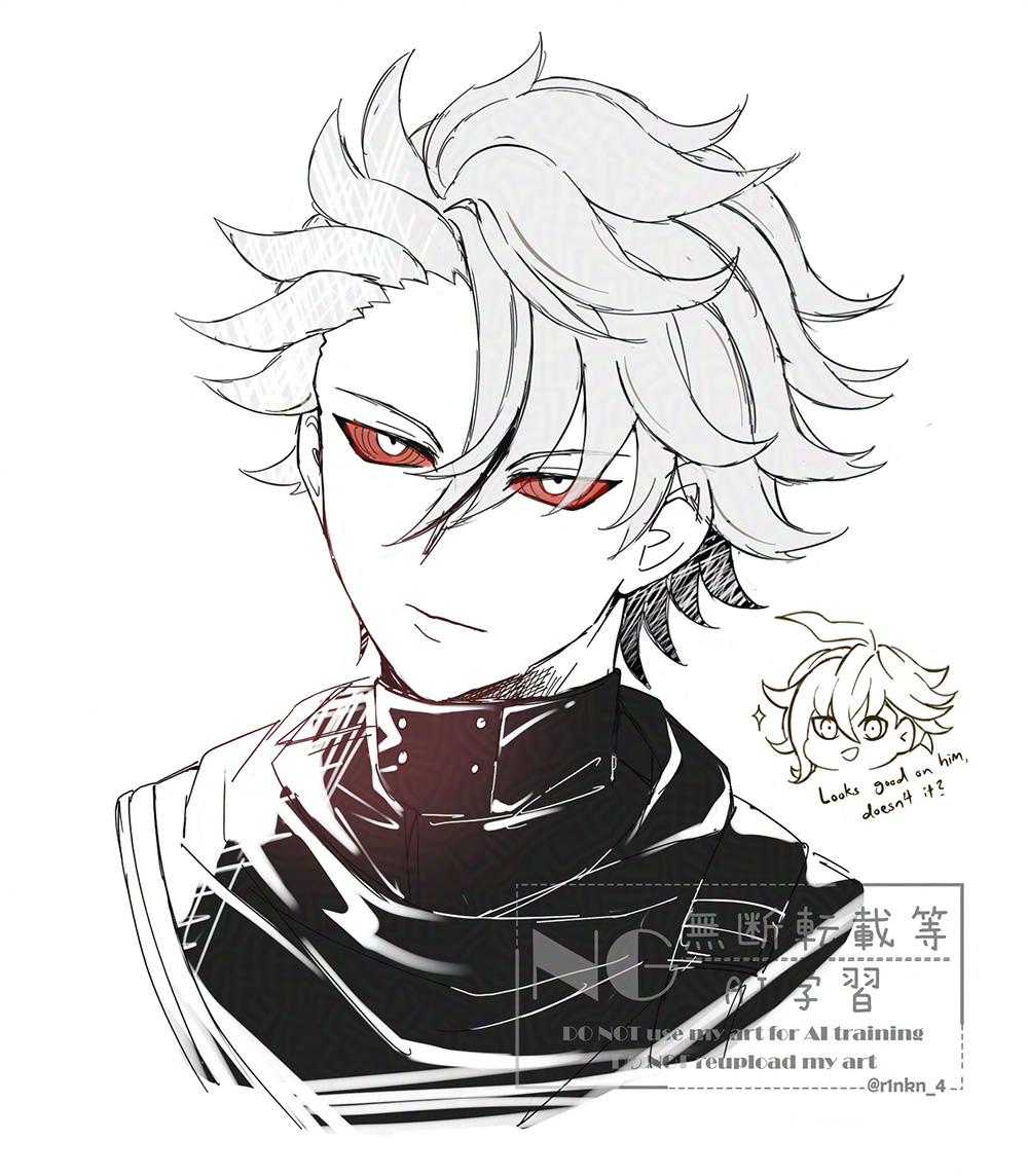 2boys, ahoge, aoyama_kazuki, chibi, chibi_inset, colored_sclera, commentary, cropped_shoulders, english_commentary, english_text, expressionless, grey_hair, hair_between_eyes, male_focus, multiple_boys, otori_ojirou, q_(tribe_nine), r1nkn_4, red_sclera, short_hair, simple_background, solo_focus, sparkle, tribe_nine, twitter_username, white_background, white_eyes