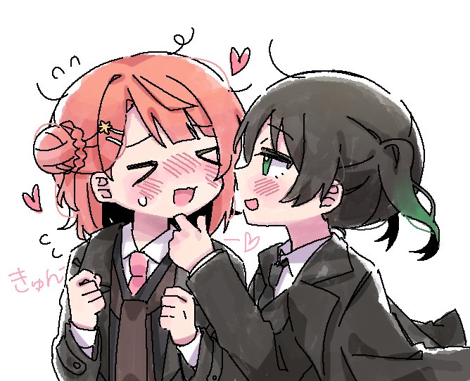 >_<, 2girls, :3, :d, black_hair, black_jacket, black_necktie, blunt_bangs