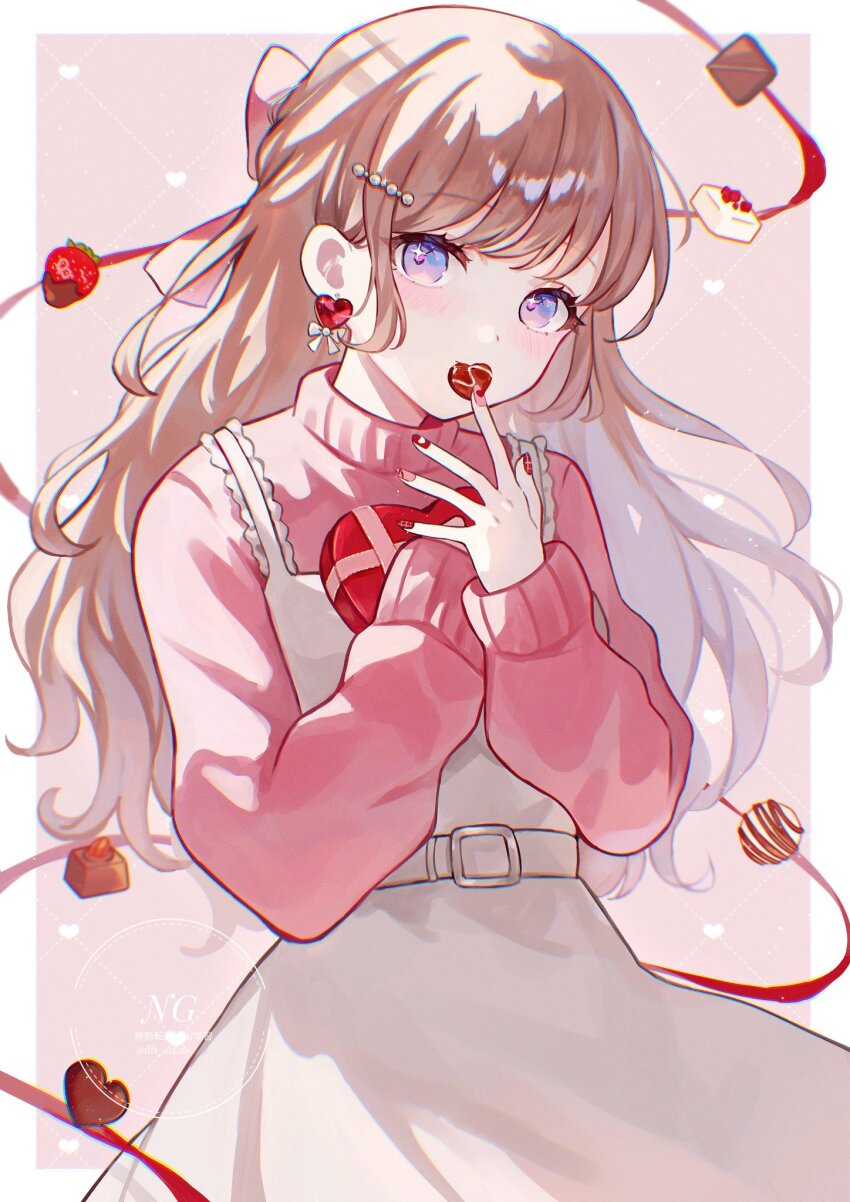 1girl, blush, border, brown_hair, candy, chocolate, chocolate_heart, closed_mouth