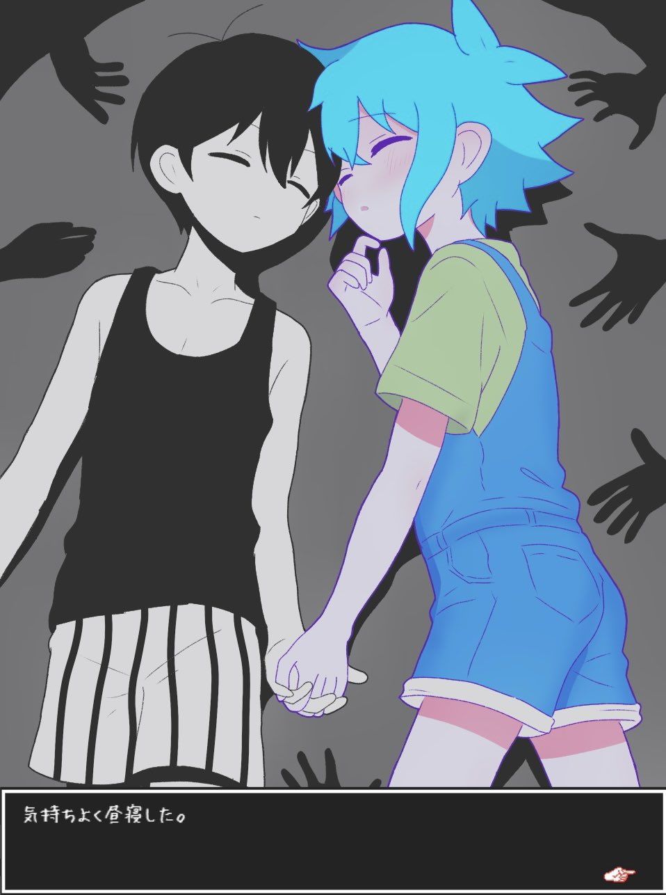 2boys, antenna_hair, basil_(headspace)_(omori), basil_(omori), black_hair, black_tank_top, blue_overalls, blush
