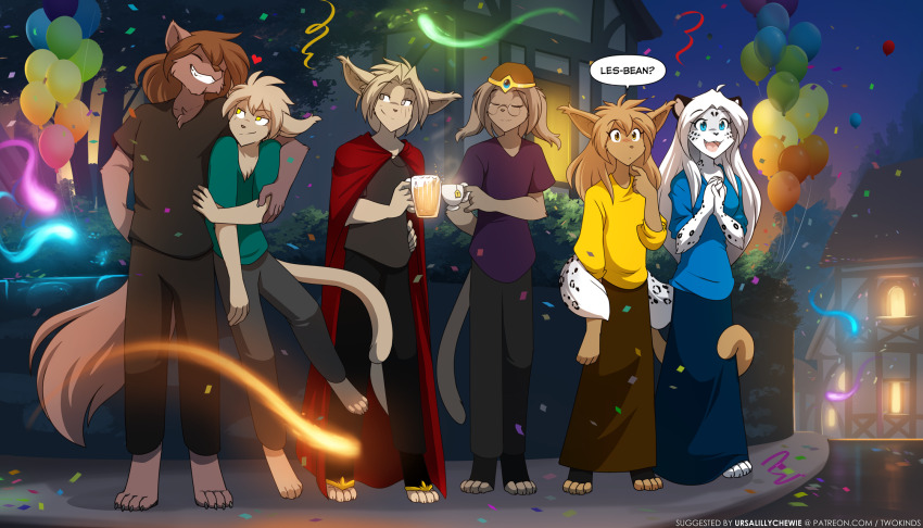 2girls, 4boys, animal_ears, arm_around_shoulder, balloon, brown_hair, clueless, commentary, couple, cup, digitigrade, english_commentary, english_text, furry, furry_female, furry_male, furry_with_furry, grin, highres, holding, holding_cup, keith_keiser, lgbt_pride, long_hair, lynn_(twokinds), madelyn_adelaide, maeve_riftwall, multiple_boys, multiple_girls, natani, nickolai_alaric, official_art, outdoors, parade, pride_parade, short_hair, smile, snow_leopard_ears, snow_leopard_girl, snow_leopard_tail, speech_bubble, tail, tom_fischbach, twokinds, white_hair, wolf_boy, wolf_ears, wolf_tail, yaoi, yuri