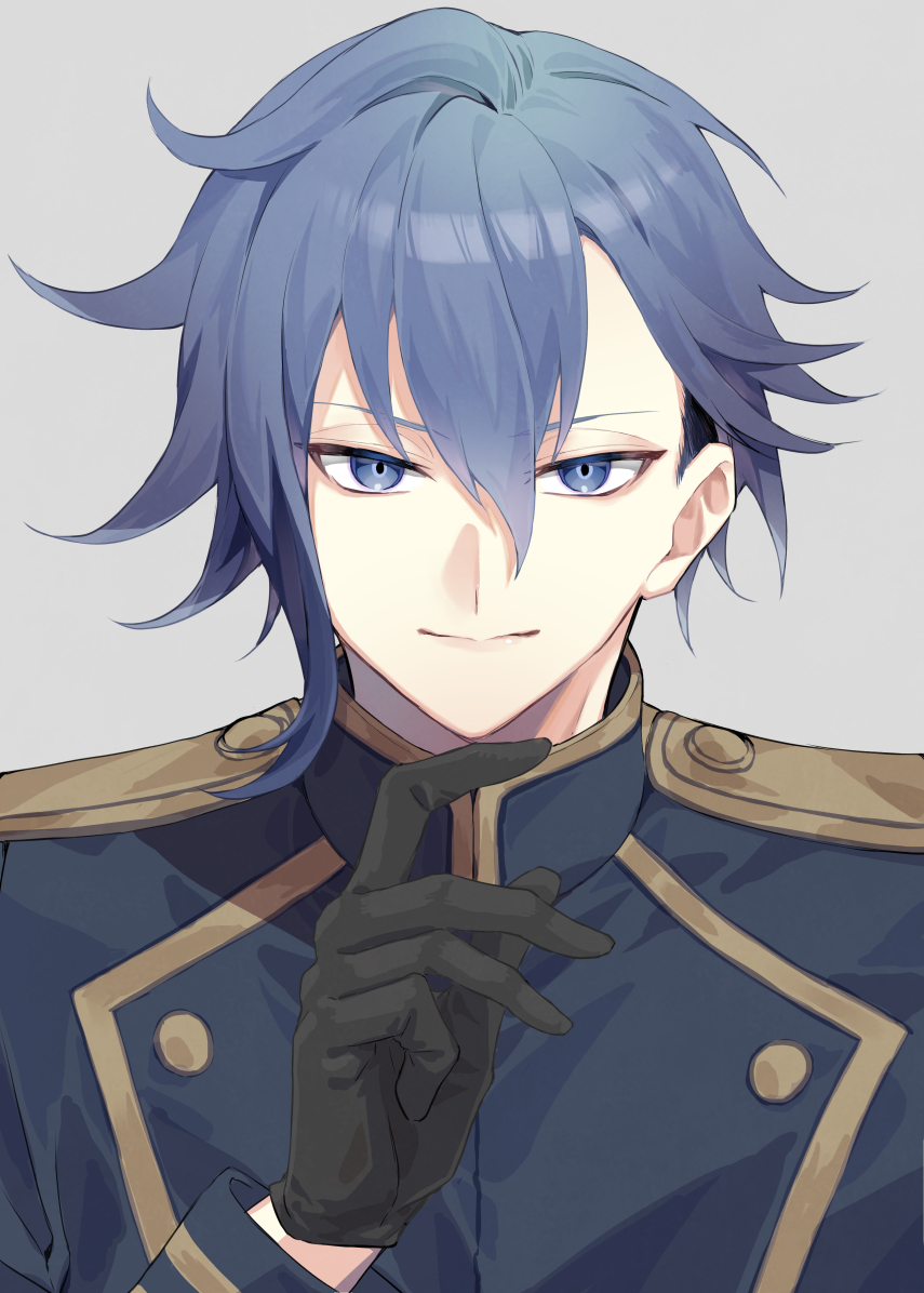 1boy, aoyama_kazuki, black_gloves, blue_eyes, blue_hair, gloves, grey_background, hair_between_eyes