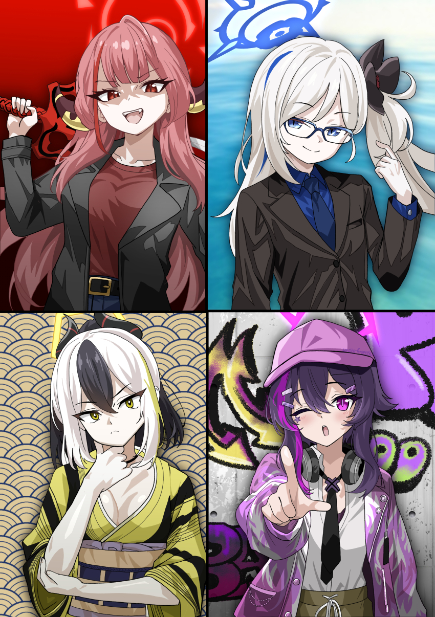 4girls, absurdres, alternate_costume, alternate_hair_color, aru_(blue_archive), blue_archive, blue_eyes, blue_halo