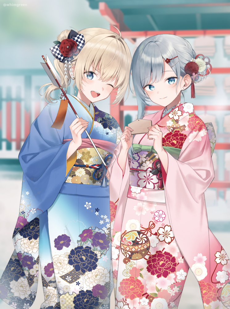 1girl, ;d, arrow_(projectile), bennett_charlotte, blue_eyes, blue_kimono, blurry, blurry_background