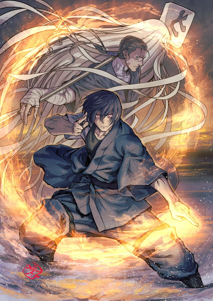 2boys, absurdres, artist_logo, bandages, black_eyes, black_hair, blue_pants, closed_mouth, commentary_request, embers, en'en_no_shouboutai, fighting_stance, fire, floating_hair, fujii_eishun, hair_between_eyes, highres, japanese_clothes, kuji-in, legs_apart, logo, looking_at_viewer, low_ponytail, male_focus, matoi, mismatched_pupils, multiple_boys, pants, ponytail, profile, pyrokinesis, red_eyes, sagamiya_konro, scar, scar_on_face, scar_on_nose, shinmon_benimaru, shirt, short_hair, short_sleeves, standing, symbol-shaped_pupils, water, white_shirt