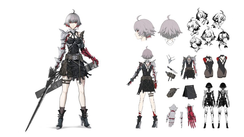 1girl, absurdres, ahoge, ai_limit, arrisa, asymmetrical_gloves, beckhz1, black_boots, black_dress, black_leotard, black_socks, boots, breasts, cropped_torso, dress, full_body, gauntlets, gloves, grey_hair, high_heel_boots, high_heels, highres, holding, holding_sword, holding_weapon, leotard, mismatched_gloves, multiple_views, official_art, red_eyes, red_hair, reference_sheet, short_hair, simple_background, small_breasts, socks, sword, thigh_strap, turnaround, weapon, white_background