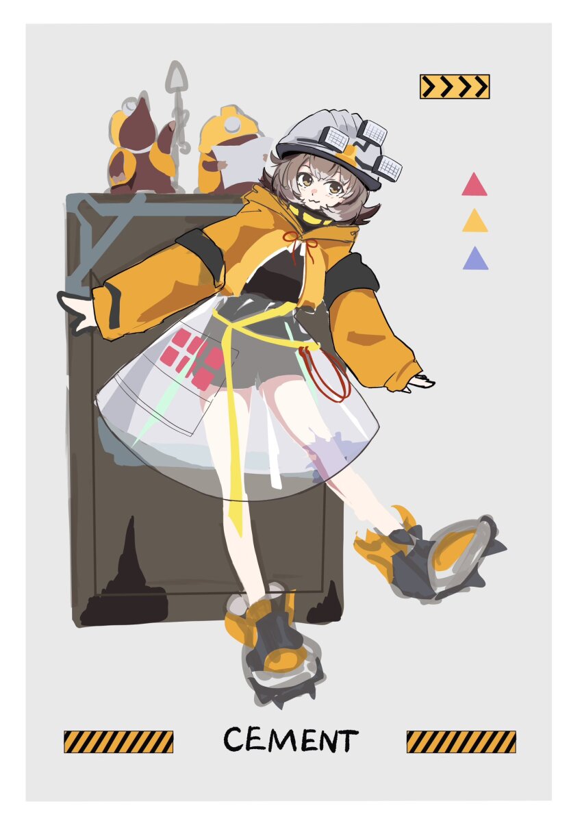 1girl, :3, animal_ears, arknights, black_shorts, black_sweater, brown_hair, cement_(arknights), character_name, closed_mouth, commentary, full_body, grey_background, hard_hat, helmet, highres, jacket, light_blush, looking_at_viewer, mole_(animal), one-hour_drawing_challenge, pepazo398, see-through_clothes, short_hair, shorts, sketch, sleeves_past_wrists, smile, solo, sweater, triangle, turtleneck, turtleneck_sweater, yellow_eyes, yellow_jacket