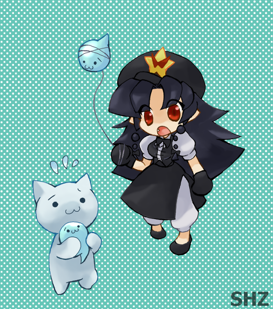 1boy, 1girl, :o, black_gloves, black_hair, bow, chibi, chibi_only, chinese_clothes, colored_skin, flying, flying_sweatdrops, gloves, hat, hei_meiling, hong_meiling, long_hair, looking_at_another, m.u.g.e.n, nakano_su, pants, polka_dot, polka_dot_background, red_eyes, simple_background, touhou, very_long_hair, white_pants, white_skin, worried