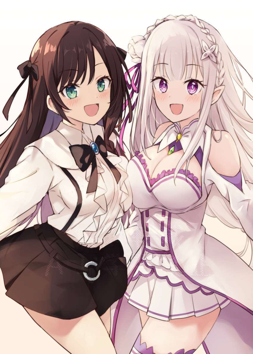 2girls, alina_clover, black_bow, black_bowtie, black_skirt, bow, bowtie, braid