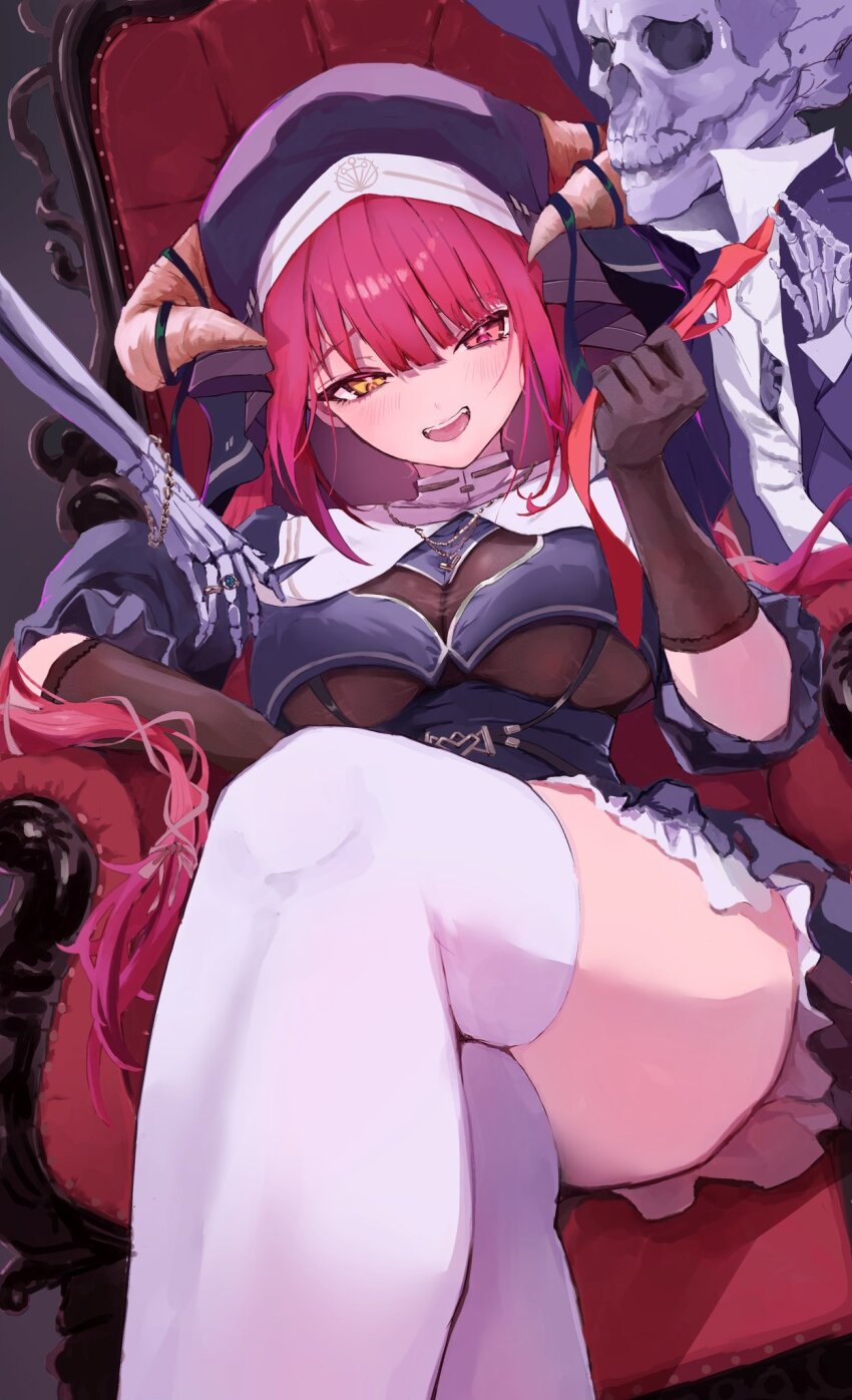 1girl, black_leotard, black_shirt, breasts, demon_horns, heterochromia, highres, hololive