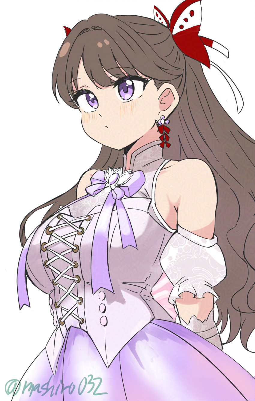 1girl, armpit_crease, aurora_flower_(love_live!), bare_shoulders, blush, breasts, brown_hair, butterfly_hair_ornament