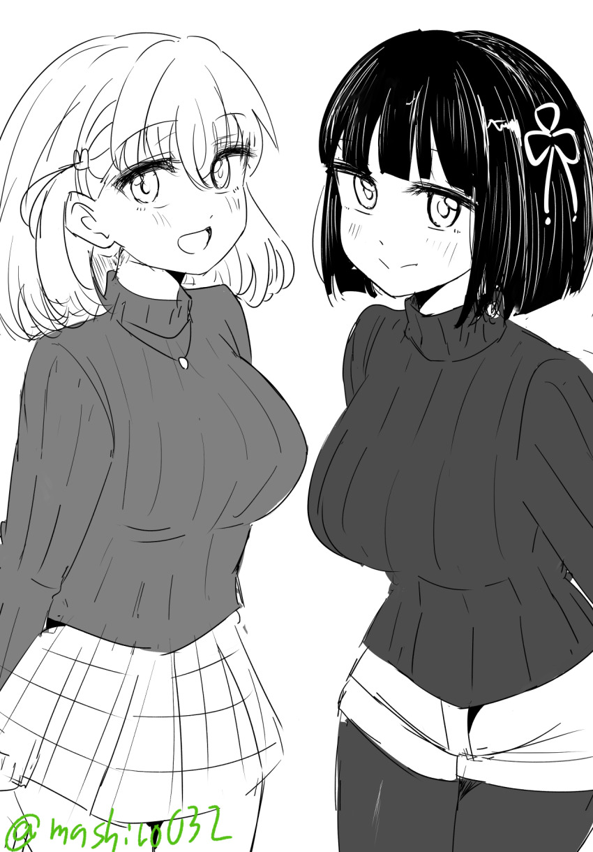 2girls, :d, blunt_bangs, blunt_ends, blush, bob_cut, breasts, closed_mouth