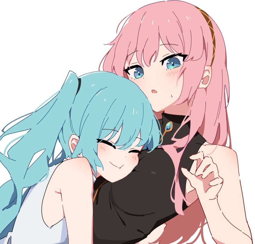 2girls, between_breasts, black_skirt, blue_eyes, blue_hair, blush, breast_press, breasts