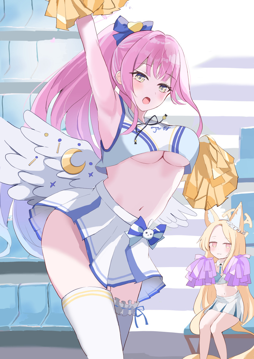 2girls, absurdres, animal_ear_fluff, animal_ears, armpits, bare_arms, blonde_hair, blue_archive