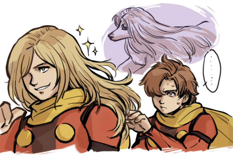 2boys, afghan_hound, blonde_hair, brown_eyes, brown_hair, coat, cyborg, cyborg_009