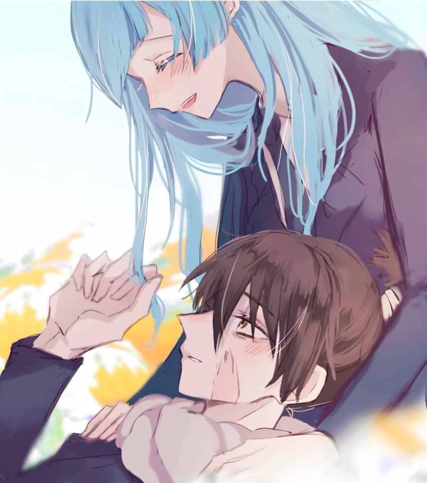 1boy, 1girl, black_jacket, black_necktie, black_suit, blue_hair, brown_eyes, commentary_request