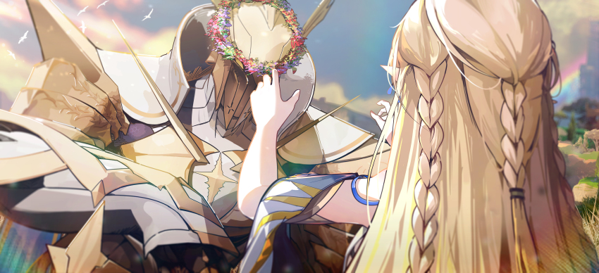 1girl, 1other, absurdres, armor, blonde_hair, blue_sky, braid, capitaneus_(wuthering_waves)