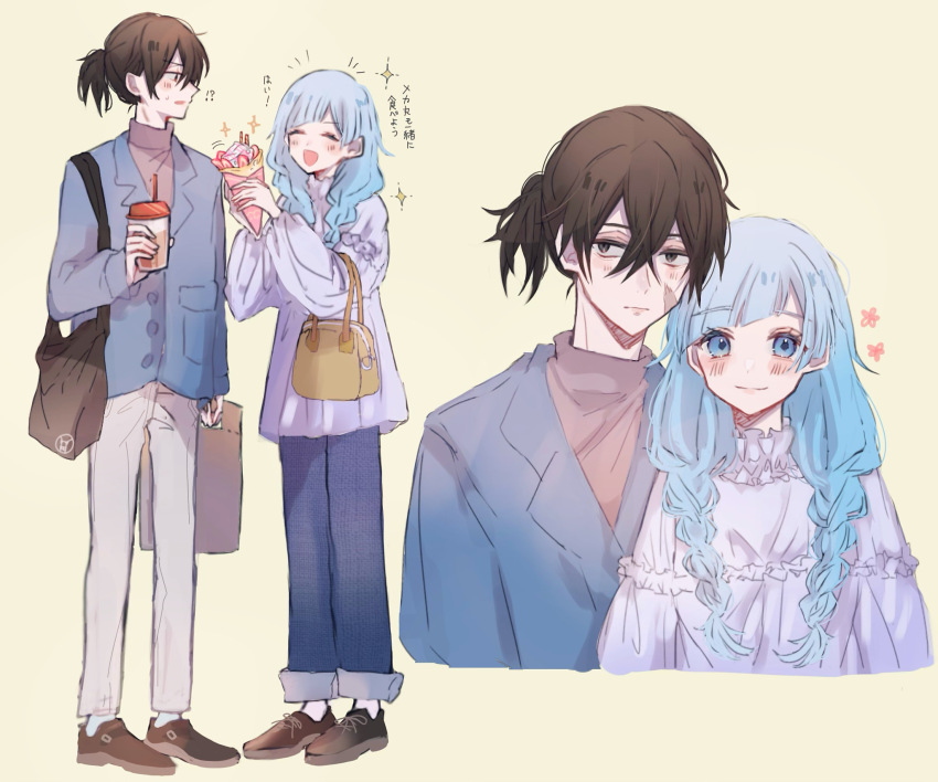 1boy, 1girl, bag, blue_eyes, blue_hair, blue_jacket, blush, braid