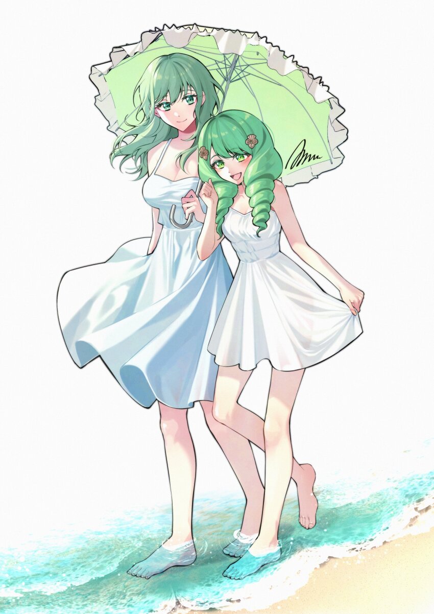 2girls, a_(asan_a_aa), absurdres, alternate_costume, bare_shoulders, barefoot, beach, breasts, female_byleth_(awakened)_(fire_emblem), female_byleth_(fire_emblem), cleavage, closed_mouth, dress, drill_hair, fire_emblem, fire_emblem:_three_houses, flayn_(fire_emblem), full_body, green_eyes, green_hair, green_umbrella, hair_ornament, hairclip, highres, holding, holding_umbrella, long_hair, medium_breasts, multiple_girls, nintendo, open_mouth, sand, small_breasts, smile, umbrella, wading, walking, white_dress