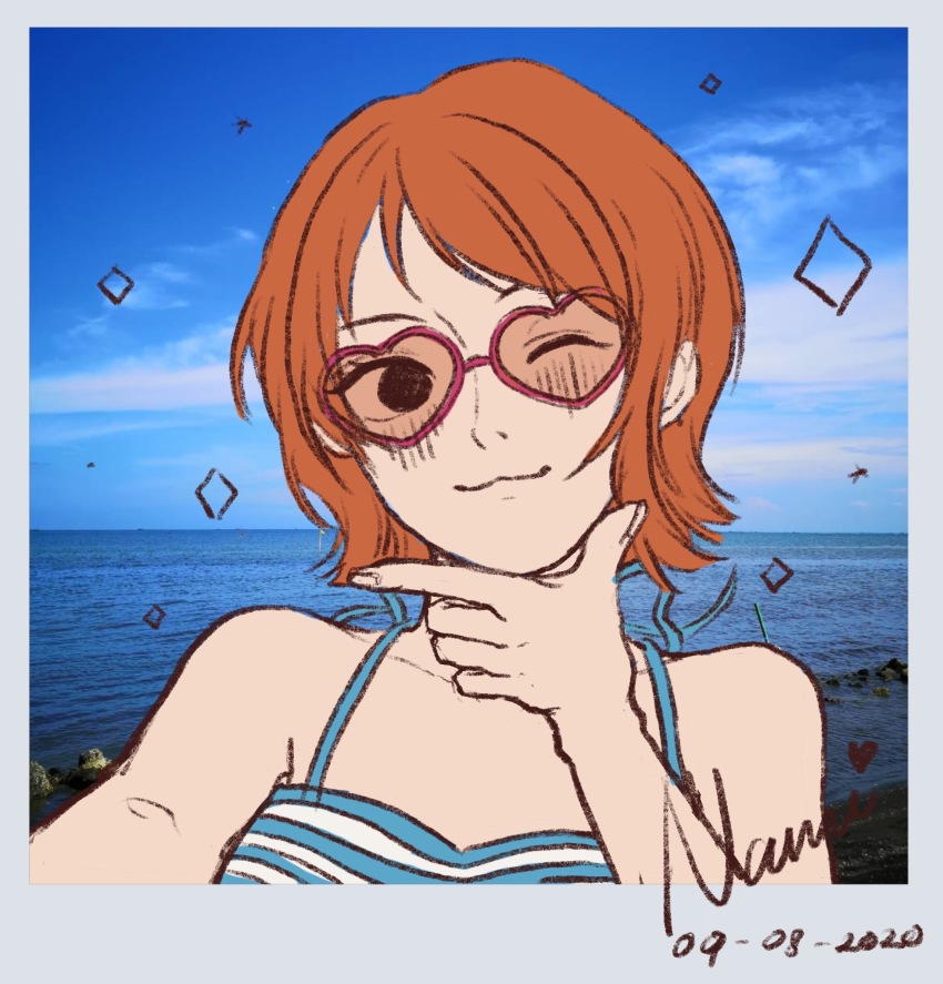 1girl, 2020, bare_shoulders, blue_sky, blush, camisole, character_name, commentary, dated, english_commentary, heart, heart-shaped_eyewear, highres, nami_(one_piece), nami_(one_piece)_(jaya), ocean, one_eye_closed, one_piece, orange_hair, photo_background, real_life_insert, short_hair, sky, smile, smolkeii, solo, sparkle, sunglasses, upper_body, wink