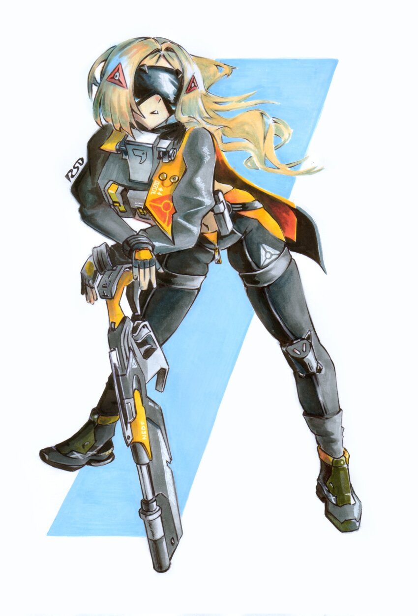 1girl, absurdres, assault_visor, belly, blindfold_mask, eye_mask, fingerless_gloves, floating_hair