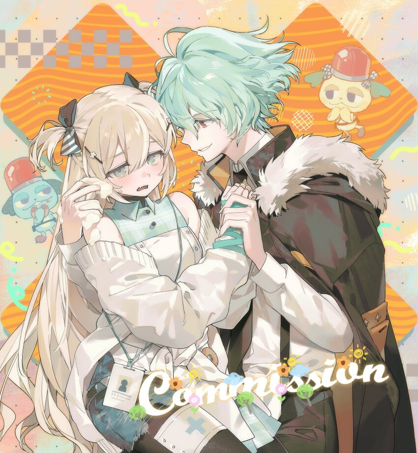 1boy, 1girl, black_bow, black_coat, black_pantyhose, blonde_hair, blush, bow