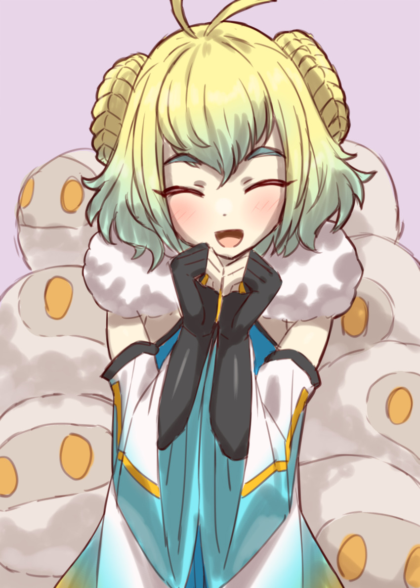 1boy, antenna_hair, aqua_dress, black_gloves, blonde_hair, blush, braid, braided_bun