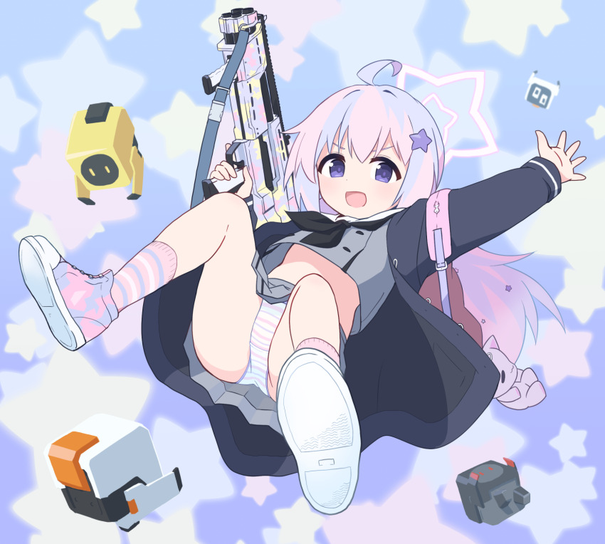 1girl, :d, ahoge, black_jacket, black_neckerchief, blue_archive, blue_hair, commentary_request