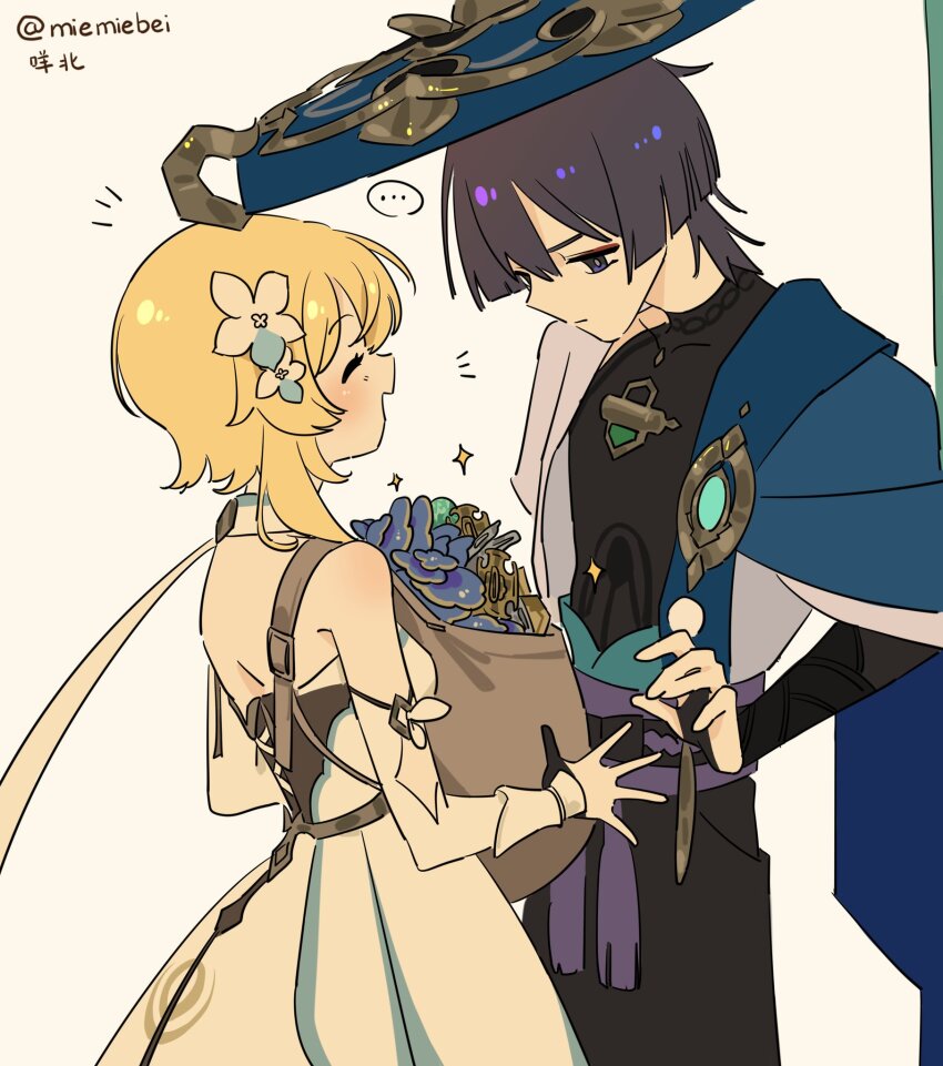 ..., 1boy, 1girl, arm_cutout, black_bodysuit, black_gloves, black_hair, black_shorts, blonde_hair, blue_cape, blue_gem, blue_hat, blunt_ends, blush, bodysuit, brown_bag, brown_corset, cape, closed_mouth, clothing_cutout, corset, covered_collarbone, cross-laced_clothes, cross-laced_corset, detached_sleeves, dress, eyeliner, eyeshadow, facing_another, feathers, gem, genshin_impact, gloves, gold, grey_pupils, handguard_(genshin_impact), hat, highres, japanese_clothes, jingasa, kimono, looking_at_another, lumine_(genshin_impact), makeup, miemiebei, notice_lines, open_clothes, open_hands, open_kimono, open_mouth, partially_fingerless_gloves, pom_pom_(clothes), purple_eyes, red_eyeliner, red_eyeshadow, rukkhashava_mushroom_(genshin_impact), scaramouche_(genshin_impact), scarf, short_hair, short_hair_with_long_locks, shorts, shoulder_blades, shoulder_peek, sidelocks, spoken_ellipsis, tilted_headwear, twitter_username, vision_(genshin_impact), wanderer_(genshin_impact), white_dress, white_kimono, white_scarf, yellow_feathers