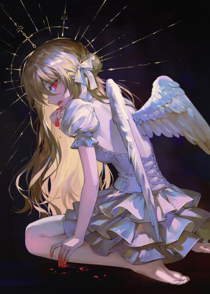 1girl, back, barefoot, blonde_hair, blood, blood_from_mouth, blood_on_face, blood_on_ground