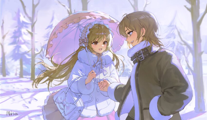 2girls, artist_name, bag, bare_tree, blush, bow, brown_eyes, brown_hair, brown_jacket, couple, fur-trimmed_jacket, fur_trim, hair_between_eyes, hand_in_pocket, headdress, highres, holding, holding_hands, holding_umbrella, jacket, long_sleeves, looking_at_another, medium_hair, misa_(misonyeo_s2), multiple_girls, open_mouth, outdoors, pink_headdress, pink_umbrella, profile, ryuugasaki_momoko, shimotsuma_monogatari, shirayuri_ichigo, teeth, tongue, tree, umbrella, upper_teeth_only, white_bow, white_jacket, winter, yuri
