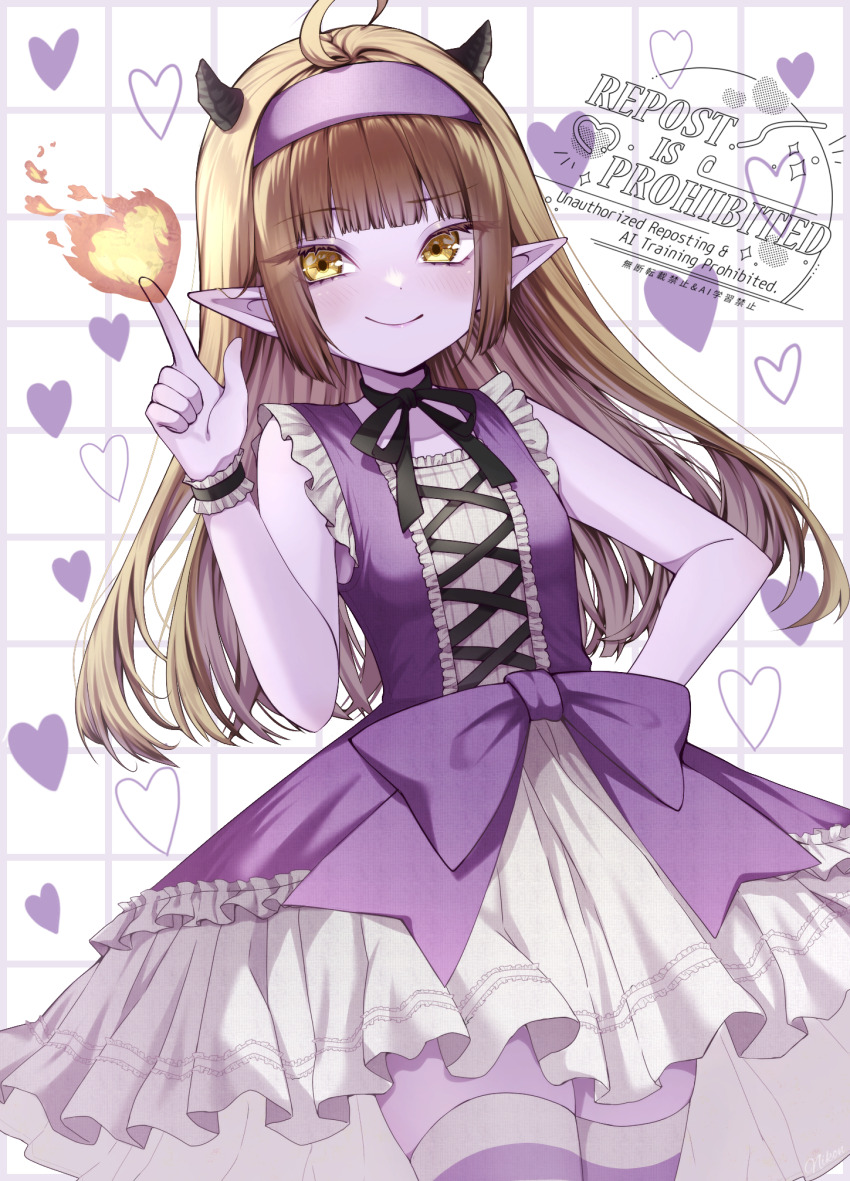 1girl, ahoge, artist_name, black_bow, black_horns, black_ribbon, blonde_hair, blunt_bangs