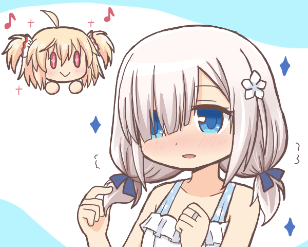 2girls, :>, ayano_rika, bad_id, bad_pixiv_id, bare_shoulders, blonde_hair, blue_eyes