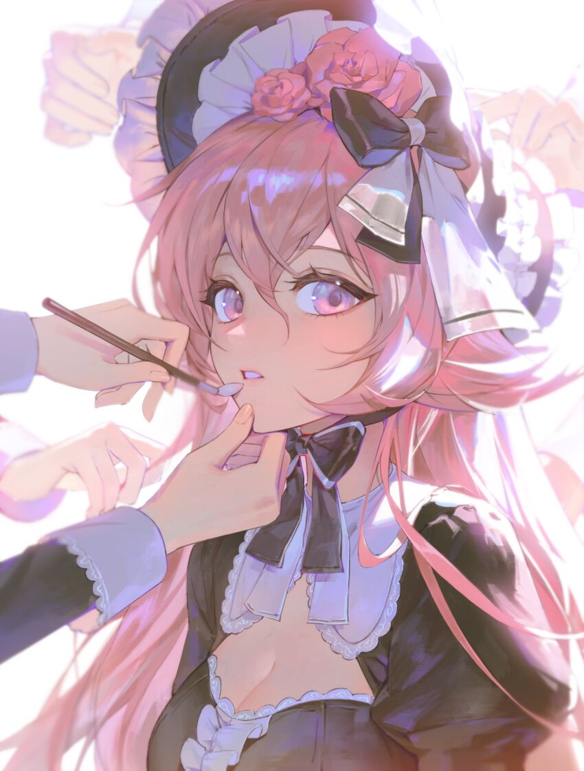 1girl, applying_makeup, blush, bonnet, bow, breasts, cleavage, commentary, eyelashes, fingernails, flower, hair_between_eyes, hair_ornament, hand_on_another's_chin, hat, hat_ornament, highres, holding, holding_brush, holding_makeup_brush, juliet_sleeves, long_hair, long_sleeves, maid, makeup_brush, medium_breasts, misa_(misonyeo_s2), original, parted_lips, people, pink_eyes, pink_flower, pink_hair, pink_rose, puffy_sleeves, rose, upper_body, white_background