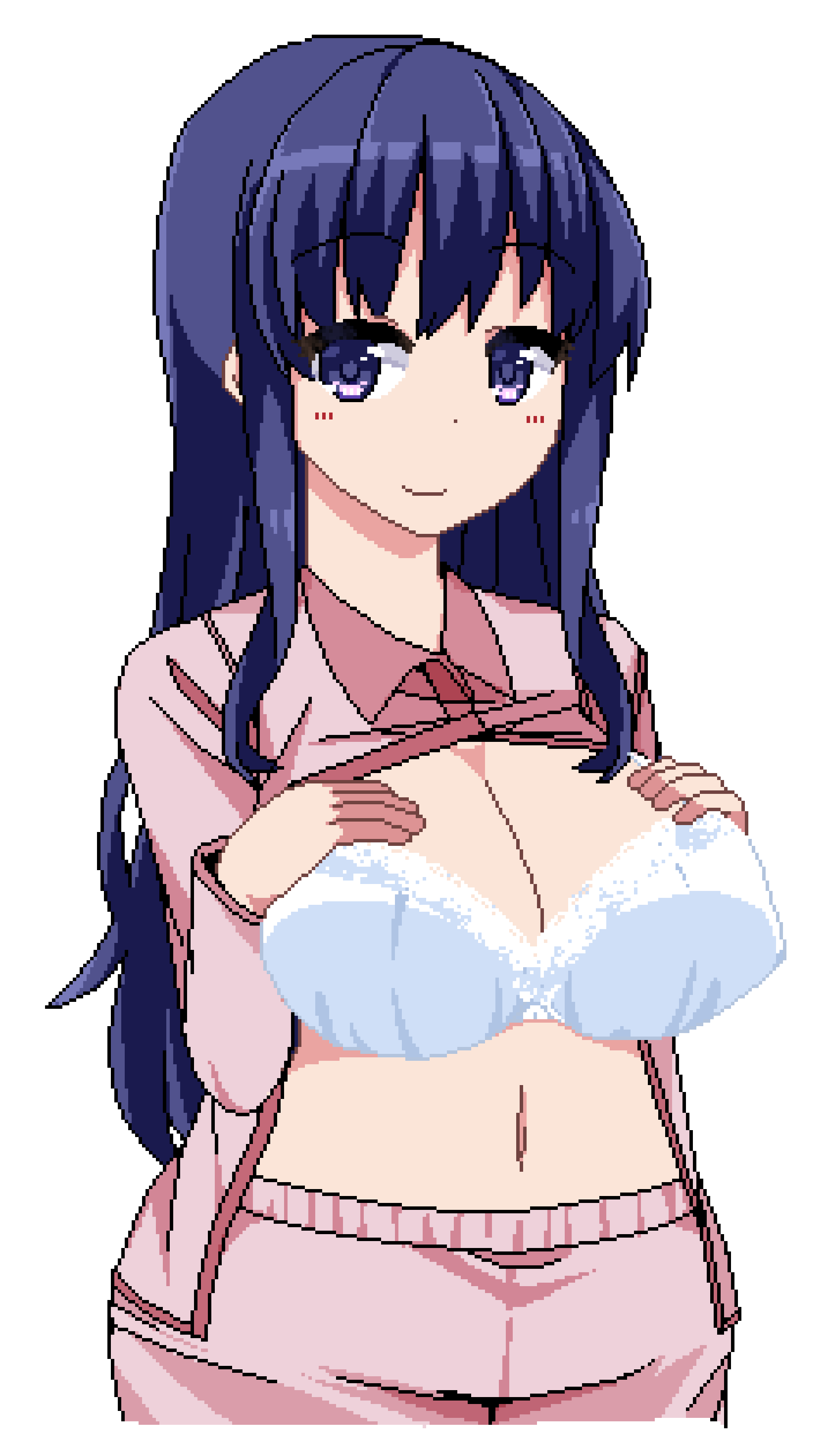 1girl, absurdres, blue_eyes, blue_hair, blush, bra, breasts, curvy