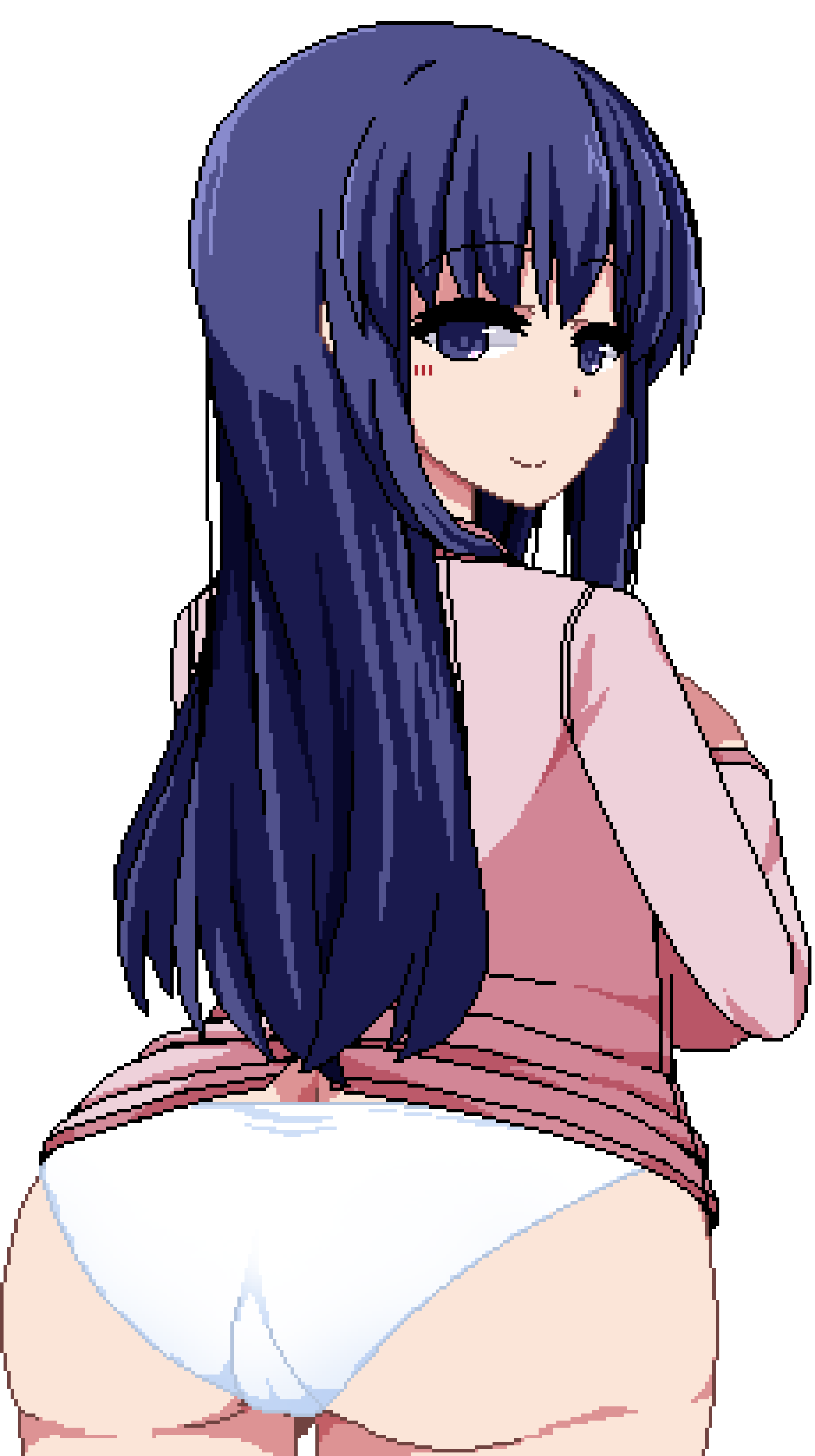 1girl, absurdres, artist_request, blue_eyes, blue_hair, blush, breasts, game_cg, highres, large_breasts, long_hair, non-web_source, pajamas, pink_pajamas, pixel_art, simple_background, solo, source_request, white_background, winter_memories, yui_(winter_memories)